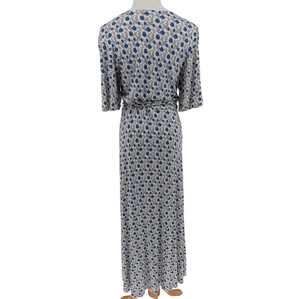 Lucky Brand Border Print Wrap Midi Dress M Blue Floral Boho Chic Cottage Prairie - Picture 4 of 16